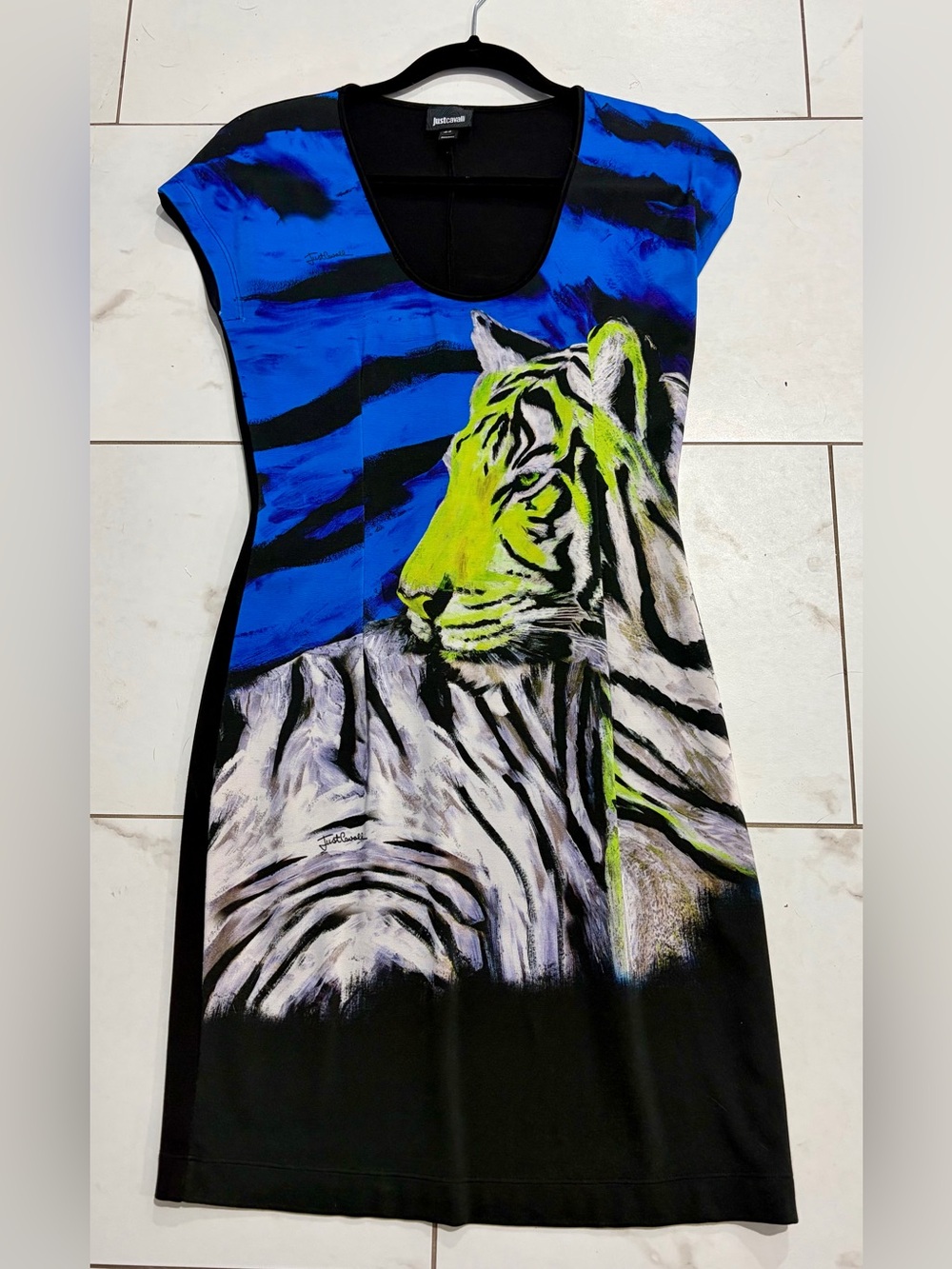 Just Cavalli Blue & Lime Iconic Tiger-Print Midi Dress L